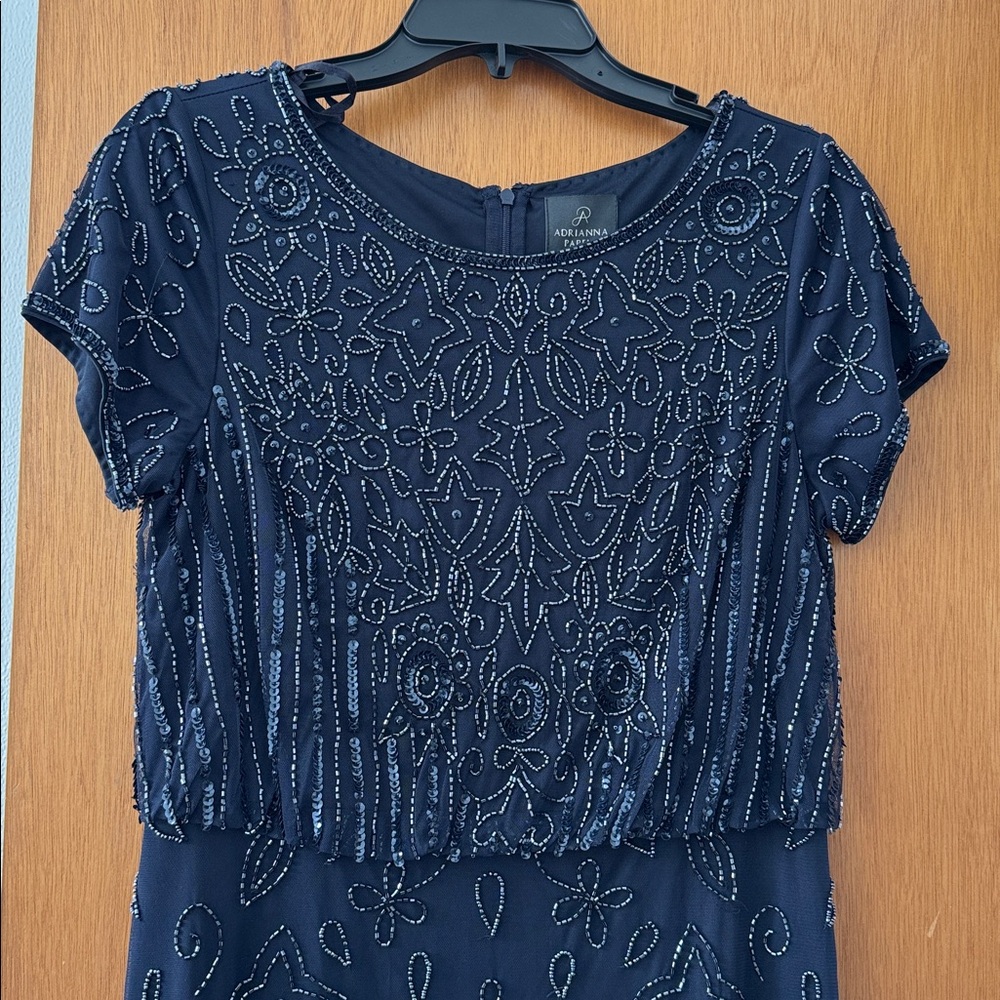 Adrianna Papell Blue/Black Beaded Mesh Maxi